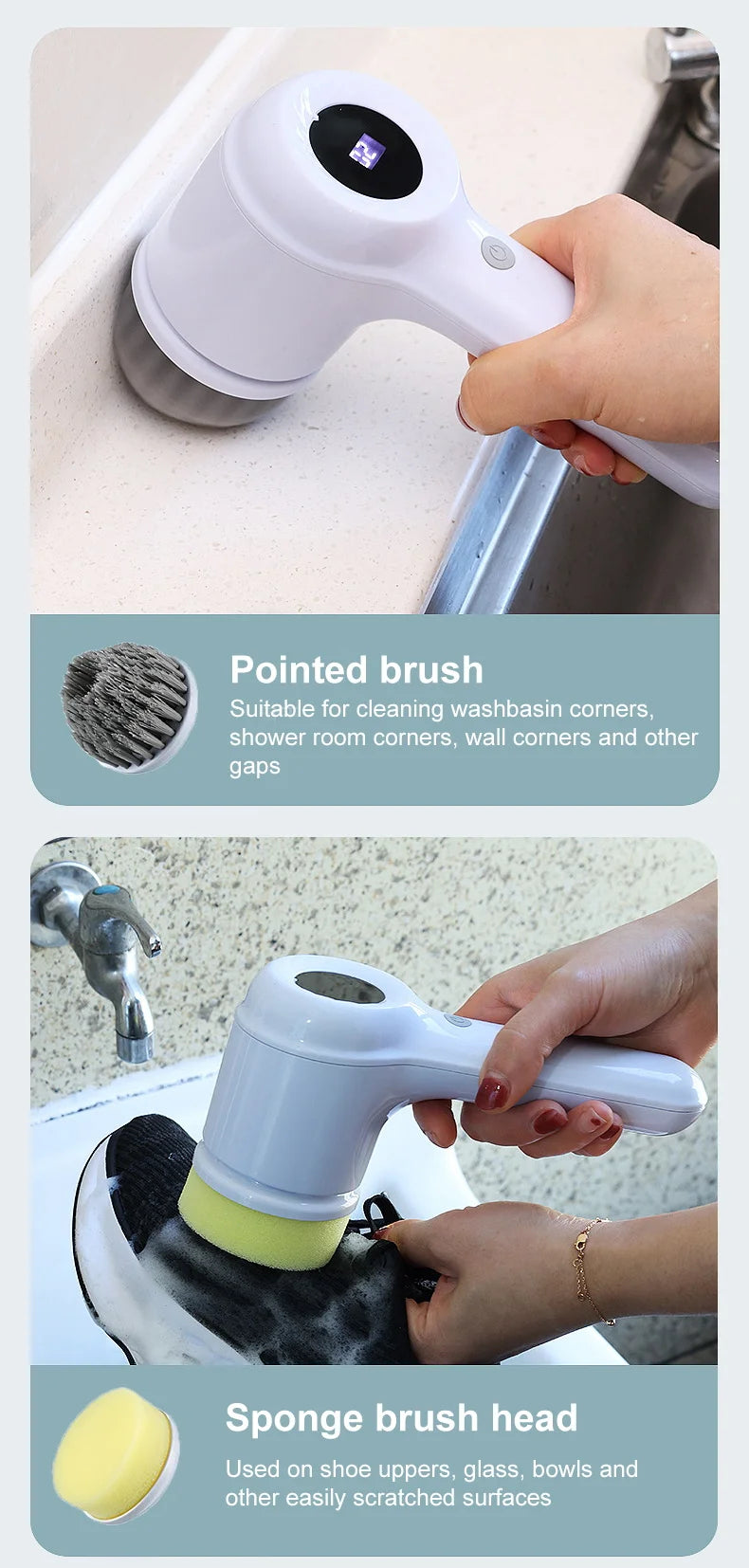 Rechargeable Electric Cleaning Brush for Kitchen and Bathroom Surfaces by Valenic